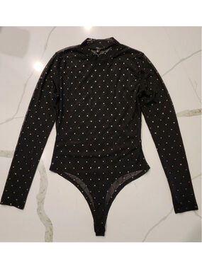 Blashe Black Rhinestone Mesh Bodysuit L Sparkly Sheer Mock Neck Party Leotard